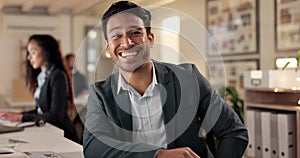 Happy, businessman and working on computer, desk and typing an office communication or consultant in crm. Portrait