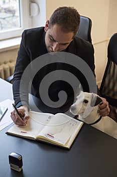 happy businessman working on laptop in office sitting next to dog with a tie