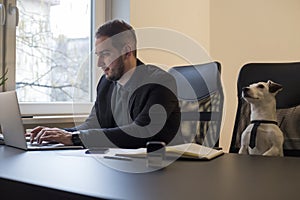 happy businessman working on laptop in office sitting next to dog with a tie