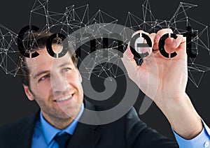 Happy businessman writing connect on the screen. Connect stars around