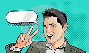 Happy businessman or young man in pop art retro comic style. Victory, success, win concept. Cartoon vector illustration