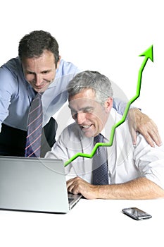 Happy businessmen computer good reports chart photo