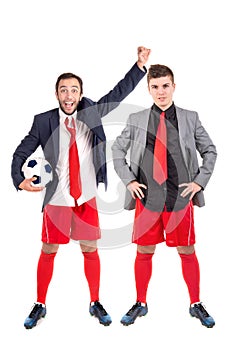 Happy businessmen with football