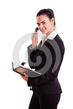 Happy businesswoman calling on phone isolated