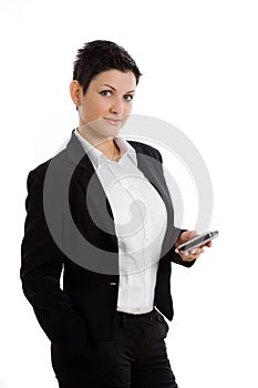 Happy businesswoman with cellphone isolated