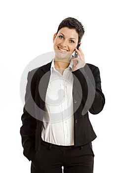 Happy businesswoman with cellphone isolated