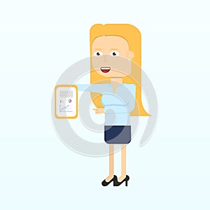 Happy businesswoman character smiling in flat style.