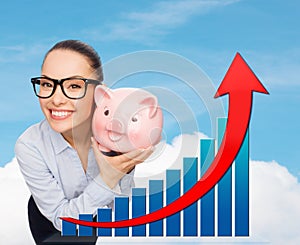 Happy businesswoman in eyeglasses with piggy bank