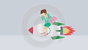 Happy businesswoman flying on rocket through abstract gray background. Business startup, leap, and entrepreneurship concept. Loop