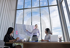 Happy businesswoman having business meeting with his staff. showing presentation on flip chart or magnetic desk.