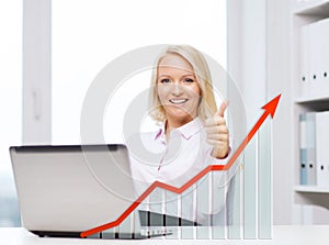 Happy businesswoman with laptop showing thumbs up