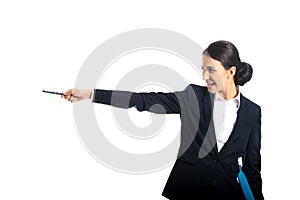 Happy businesswoman pointing to the left by pen