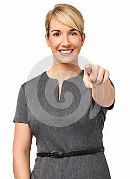 Happy Businesswoman Pointing At You