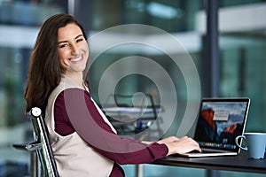 Happy businesswoman and portrait with computer for writing email, connection and agenda. Female employee, laptop and