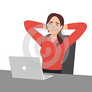 Happy businesswoman relax in chair in office distracted from computer work. Smiling female employee take nap daydream at desk at