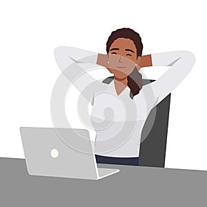 Happy businesswoman relax in chair in office distracted from computer work. Smiling female employee take nap daydream at desk at