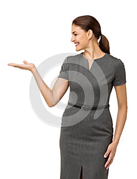 Happy Businesswoman Showing Invisible Product