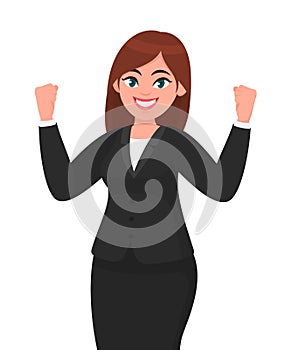 Happy businesswoman showing or raising her fists expressing success gesture. Businesswoman`s emotion and body language concept.