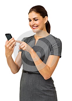 Happy Businesswoman Touching Smart Phone