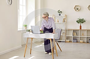 Happy businesswoman working on her laptop computer in a modern beautiful office interior