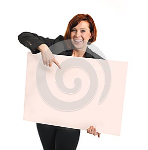 Happy busy business woman holding cardboard sign as copy space