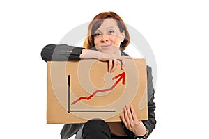 Happy busy business woman holding growth sales graph