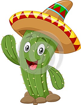Happy cactus waving hand on white background