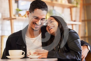 Happy, cafe and couple on coffee date in a restaurant together bonding, funny and laugh in a conversation. Flirting