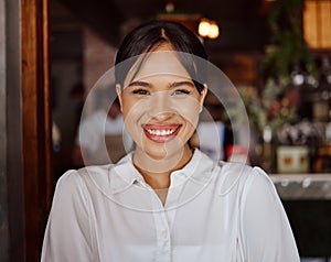 Happy, cafe owner and black woman working at a restaurant with smile for management job at a store. Face portrait of