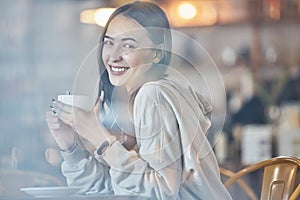 Happy, cafe and portrait of a woman with a coffee, enjoying a drink and warm beverage. Smile, relax and a girl drinking