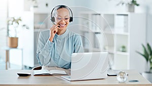 Happy call center agent calling, talking and doing online sales with a laptop and modern headset inside a company office