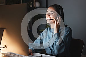 Happy call center , CRM or customer service woman for success consulting, communication or networking customer. Smile