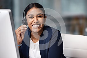Happy call center, portrait and a woman with a computer at a desk for telemarketing support. Smile, contact us and a