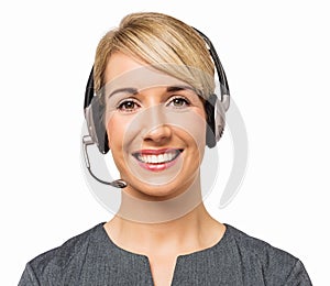 Happy Call Center Representative Wearing Headset