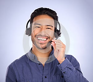 Happy, call center and smile with portrait of man for customer service, help desk and technical support. Networking