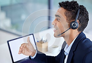 Happy, call center or telemarketing agent talking in customer service office with laptop and working on computer screen