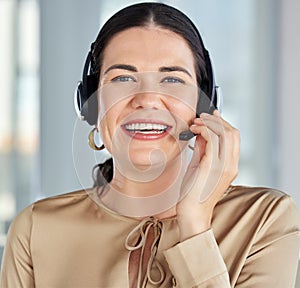 Happy call center woman, CRM portrait or customer support employee for telemarketing deal, support or motivation. Face