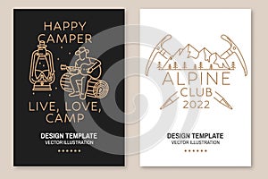 Happy camper and Alpine club badge. Vector illustration. Set of Line art flyer, brochure, banner, poster with camp