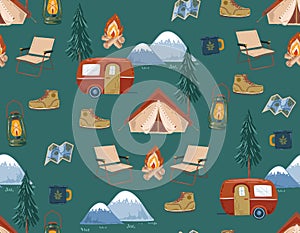 Happy Camper in forest. with animal and Equipment Weekend, vacation on nature. Seamless pattern Vector illustration