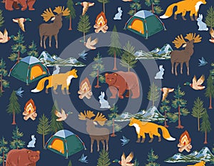 Happy Camper in forest. with animal and Equipment Weekend, vacation on nature. Seamless pattern Vector illustration