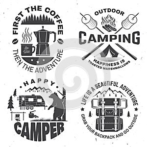 Happy camper. Vector. Concept for shirt or logo, print, stamp. Vintage design with lantern, camping tent, campfire