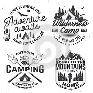 Happy camper. Vector. Concept for shirt or logo, print, stamp. Vintage design with lantern, camping tent, campfire