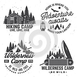 Happy camper. Vector. Concept for shirt or logo, print, stamp. Vintage design with lantern, pocket knife, campin tent photo