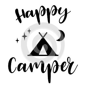 Happy Camper vector download. Mobile recreation. Happy Camper trailer in sketch silhouette style.
