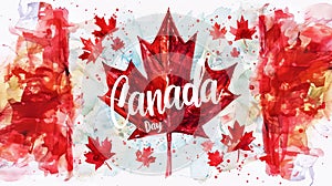 Happy Canada day background with watercolor splashes in flag colors and maple leaf. Grunge Canadian flag. Template for invitation