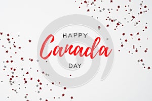 Happy Canada Day banner design. Frame of star shaped red and white confetti on white background