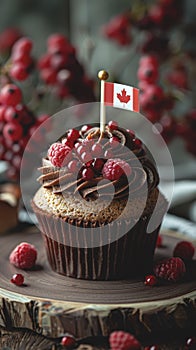 Happy Canada Day celebration cupcake with red and white Canadian maple leaf flag.