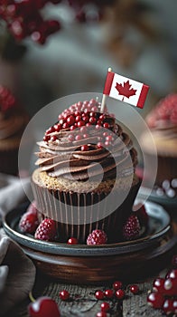 Happy Canada Day celebration cupcake with red and white Canadian maple leaf flag.