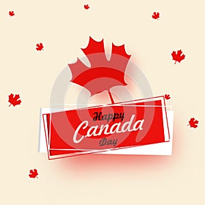 Happy Canada Day design with red maple leaves on beige background.
