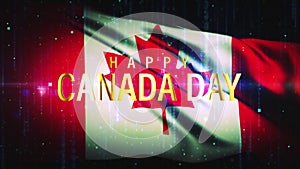 HAPPY CANADA DAY gold text with Canadian Flag waving